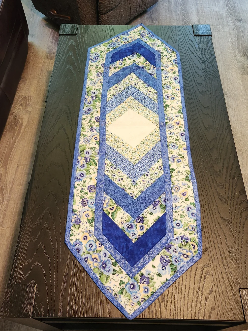 Handcrafted Blue & White Floral Quilted Reversible Table Runner with Pansies